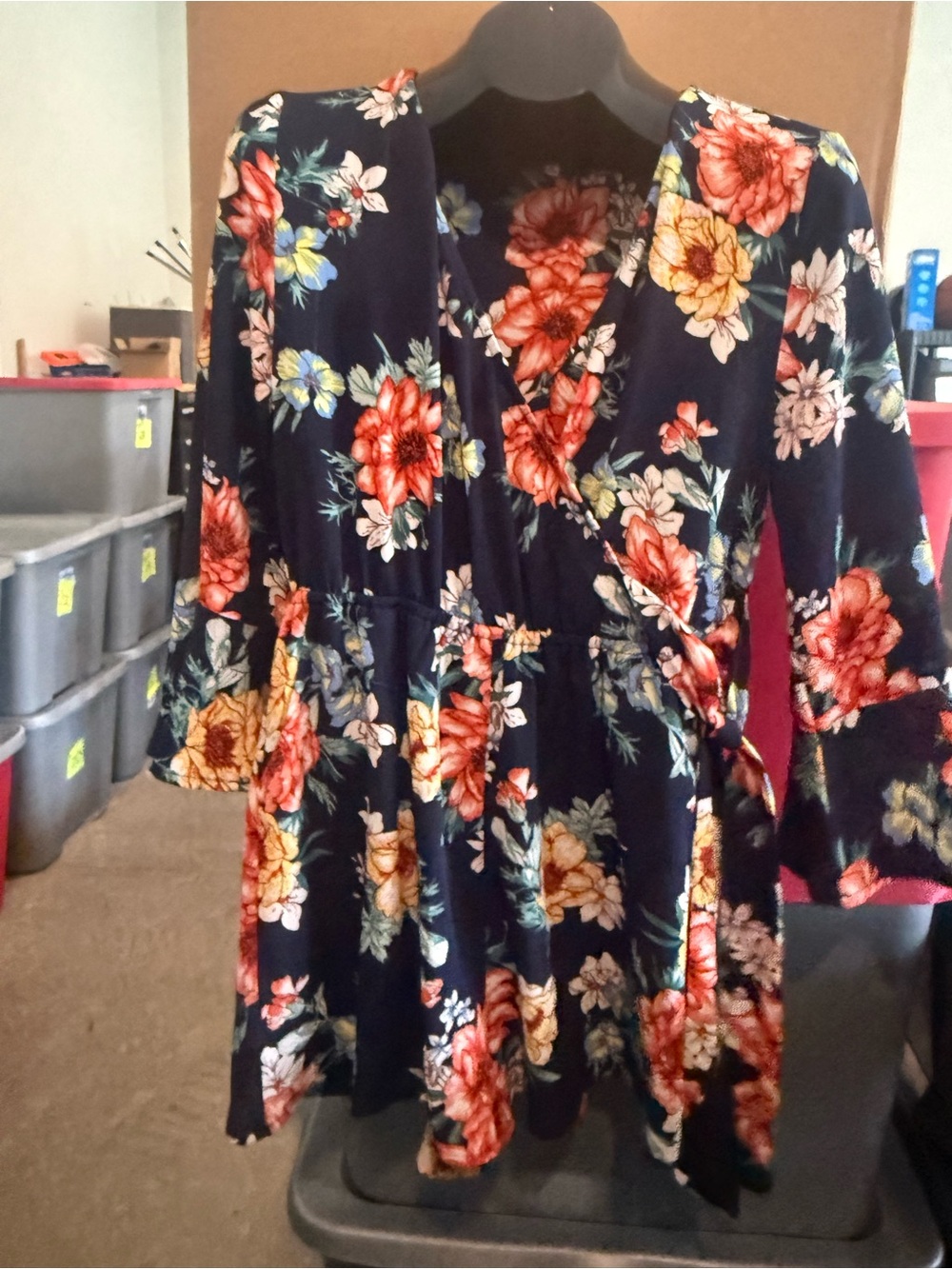 Navy Floral Wrap Dress with Red & Yellow Blooms p43
